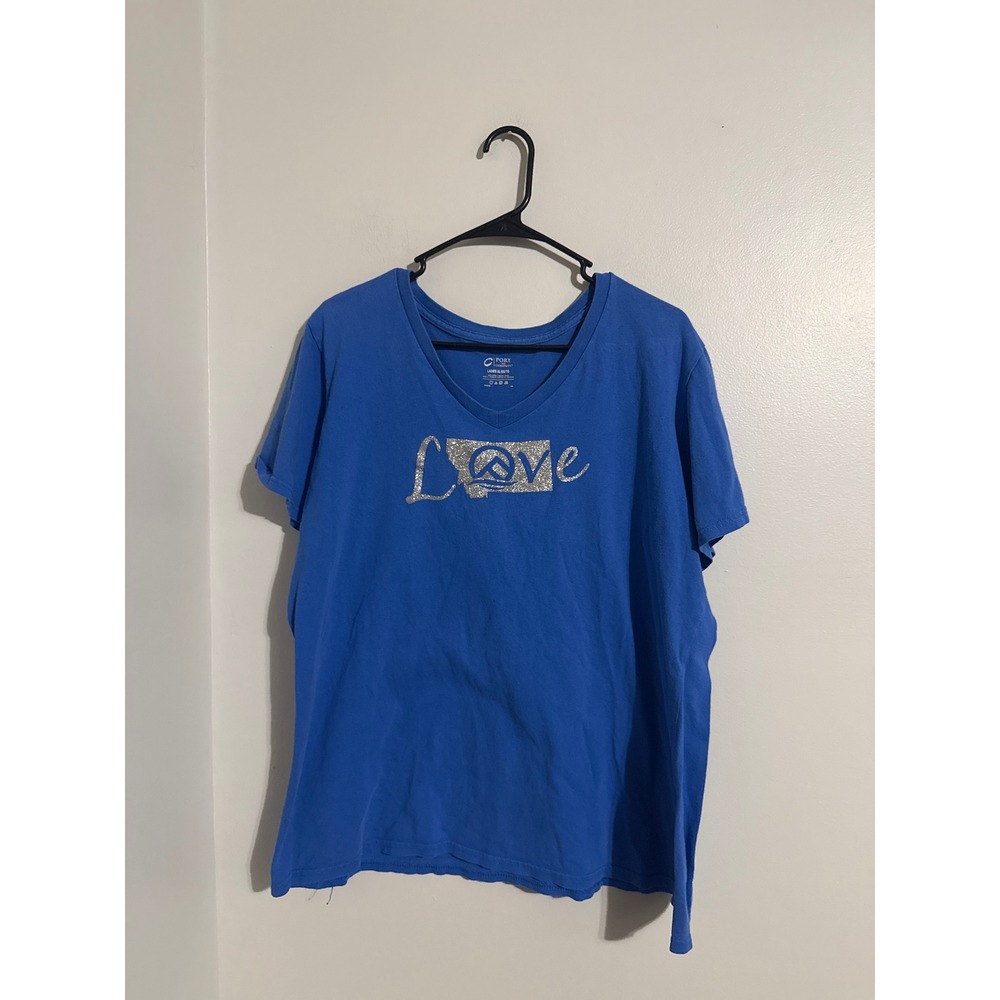 Port and Company Montana Love Glitter Graphic V-Neck T-Shirt Blue Womens XL